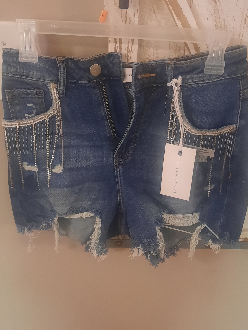 Risen Dark Blue Distressed Denim Shorts with Rhinestone Fringe